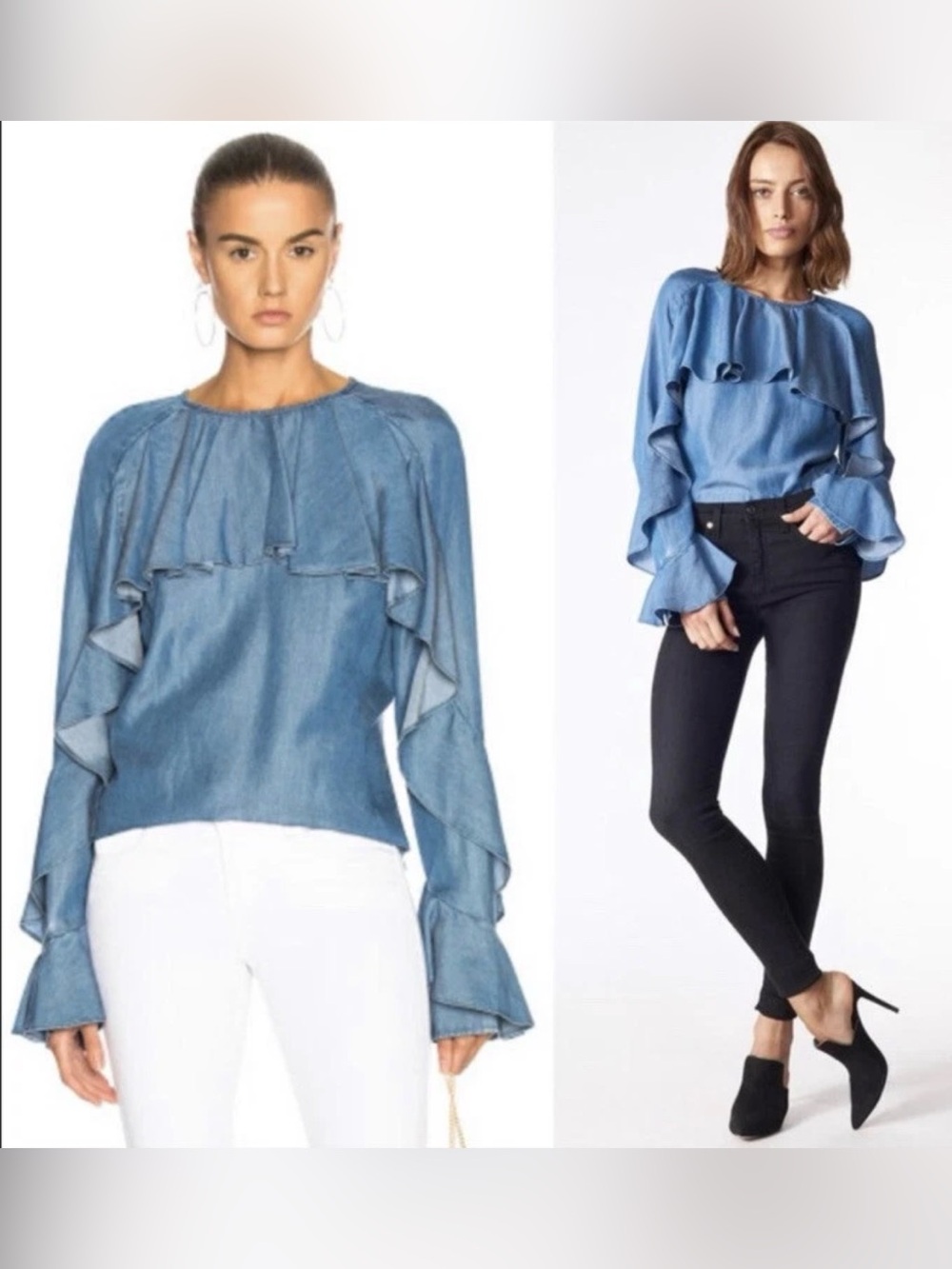 Like New Veronica Beard Mia Tencel Denim Cascading Ruffle Blouse app small